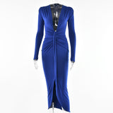 Zjkrl - Elegant Pleated Casual Bodycon Long Dress Autumn Winter Women Slim Evening Party Robe Sexy Bandage Ladies Dress