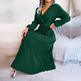 Zjkrl - F 2023 New Women Spring Summer Temperament Cross Solid Color V Neck Large Hem Pleated Long Dress For Fashion