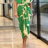Zjkrl Women Summer Dress Casual Fashion Art Print Lapel Short Sleeve Single Row Button Tie Up Pleated Design Shirt Dresses