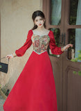 Vintage Victorian Style Red Dresses Woman Retro Cottage Jacquard Floral Lantern Sleeve Bandage Princess Dresses Vestido Festa