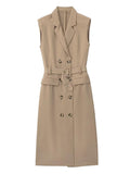 Zjkrl - Elegant Women Blazer Dresses With Belt Autumn Solid Notched Office Lady Dresses Sleeveless Double Breasted Vestidos