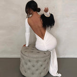 Zjkrl Backless Maxi Dress Elegant Red Long Sleeve Sexy Ruched Bodyocn Evening Party Dress for Women 2023 Spring Slim Christmas Outfits