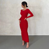 Zjkrl Backless Maxi Dress Elegant Red Long Sleeve Sexy Ruched Bodyocn Evening Party Dress for Women 2023 Spring Slim Christmas Outfits