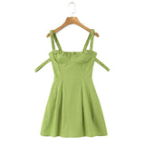 Zjkrl - 2023 Women Elastic Double Strap Sling Sexy Dress Summer Ladies Ruched Chest Corset Style Slim Waist Pleated A-line Mini Robe