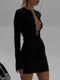 Zjkrl - Autumn Sexy Bandage Black Mini Dress for Women Fashion Outfits Party Club Long Sleeve Bodycon Dresses Vestido Knit