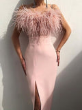 Zjkrl Luxury Feathers Dress Women Sleeveless Spaghetti Strap High Waist Bodycon Slit Mid-calf Wedding Birthday Party Evening Dresses