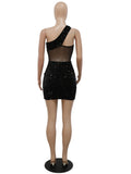 Zjkrl Sexy Glitter Sequined Mesh Patchwork Mini Dress Summer Women Sleeveless One Shoulder Bodycon Night Clubwear Dress