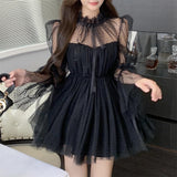 Long-Sleeved Polka-Dot Mesh Stitching Dress Elegant Tube Top Waist Slim Dress Women 2023 Spring Summer Korean Sweet Y2K Dresses