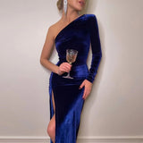 New Solid Long Sleeve One Shoulder Ruched Slit Velvet Midi Dress Sexy Party Club Elegant Bodycon Dresses Femme Robe Longue