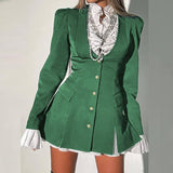 New Patchwork Single Breasted Office Shirt Dress Elegant V-neck Pleated Party Mini Dresses Autumn Long Sleeve Slim Women Dress