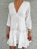 Zjkrl Women Lace Round Neck Mini Dress Spring Summer Hollow Out Short Sleeve Patchwork Dress Loose Off Shoulder Beach Dress Vestidos