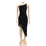 Zjkrl - 2023 Summer Formal Glitter Sequins Full Sleeve Slash Neck Bodycon Party Night Club Dresses Sexy Birthday Women Tassel Dress