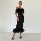 Zjkrl Fall Winter Party Dresses For Women Strapless Feather Evening Dresses Elegant Formal Party Dresses For Women Sexy Corset Bodycon Midi Dress White Black