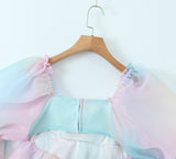 Zjkrl - 2023 Women Gradient Rainbow Print Organza Dress Vintage Puff Sleeve Sexy Backless Ladies Party Mini Robe Fairy Cake Dress
