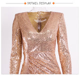Zjkrl - Formal Dinner V Neck Long Sleeve Gold Stretch Sequin Evening Party Dress Split Full Lining Pad Shoulder Prom Gown Winter Women