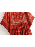 Zjkrl Vintage Chic Fashion Women Red Floral Print O-neck Loose Bohemian Mini Dresses Ladies Batwing Sleeve Cotton Beach Boho Dress