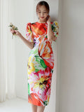 Zjkrl - Elegant Office Women Dress Vintage Floral O-Neck Short Sleeve Slit Slim Midi Club Robe Femme Ladies Vestidos Ropa Mujer Verano