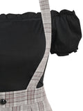 Zjkrl Off The Shoulder Tee and Crisscross Plaid Suspender Skirt Set Two Piece Dress Top and Skirt Set