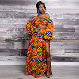 Zjkrl - African Dresses for Women Autumn 2-piece Set Lady Full Sleeve Shoulder Off Festher Dashiki Print Split Skirts Africna Clothes