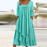 Zjkrl Elegant Office Women Patchwork Pockets Midi Dress Round Neck Basic Solid Long Sleeve Dress Lady Casual Summer Ruffles Club Dress