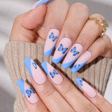 Zjkrl - Fashionable Butterfly Flower False Nails Long Detachable French Nail Tips for Girl Fake Nails Press on Acrylic Nails