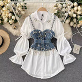 Zjkrl 2023 New High-End White Shirt Dress Female Lapel Diamond Pearl Luxury Shirt Short Denim Vest Chic Two Piece Sets Female Fashion