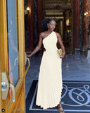 Zjkrl Lady Roll Waist Sleeveless Pleated Ruched A-line Dress Women One Shoulder Sexy Prom Evening Dresses New Fahion Chothing