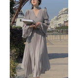Zjkrl - 2023 Spring Elegant V-Neck Midi Dress Office Lady Long Sleeve Casual One Piece Dress Korean French Vintage Chiffon Dress Women