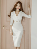 Zjkrl Fashion Elegant Women Dress Temperament Vintage Sexy V-Neck Split Midi Party Lady Formal Bodycon Female Lady White Robe Vestidos