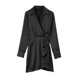 Solid Chic V-Neck Office Lady Satin Dresses For Women 2023 Women&#39;s Long Sleeve Gathered Pullovers Slim Elegant Female Dress