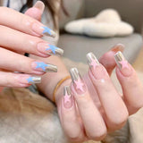 Zjkrl - 24pcs/box Fake French y2k Nails Press On Long Stiletto Almond Shape Wearable False Nails With Stars Designs Full Cover Nail Tips