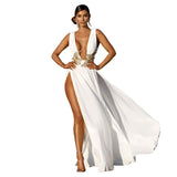 Zjkrl Women Evening Party Dress Vestidos Long Maxi Dress Sexy Summer Deep V Neck Backless Dress High Slit Fashion Festival