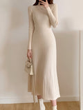 Zjkrl - Autumn Winter 2023 Slim Long Sleeve Party Midi Dress for Women Knitted Half High Collar Elegant Knitted Sweater Dresses Ladies