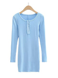 Zjkrl - Women Fashion Slim-fit Solid Mini Dress Vintage O-Neck Long Sleeves Single Breasted Female Chic Lady Dresses