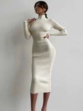 Zjkrl - Fashion High-neck Bodycon White Knitted Midi Dresses Women 2022 Autumn Winter Sexy Solid Color High Street Woolen Warm Dress