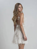 Zjkrl Sexy Feather Spaghetti Strap Dress Women Summer Deep V-Neck Female Mini Dresses Fashion Evening Party Club Elegant Lady Dresses