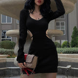 Zjkrl - Blue Bodycon Dresses for Women 2023 Spring Fashion Cut Out Lace Up Backless V Neck Long Sleeve Mini Dress