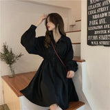 Shirt Dress Women Korean Style Polo Collar Black Long Sleeve Wrap Mini Dress Casual Solid Kpop Clothes Woman