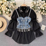 Zjkrl 2023 New High-End White Shirt Dress Female Lapel Diamond Pearl Luxury Shirt Short Denim Vest Chic Two Piece Sets Female Fashion