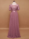 Zjkrl 2023 New Women's Burgundy A-Line Sequin Mesh Leaf Maxi Prom Dress Sparkle Evening Dresses O-Neck Short Sleeve Long Dress