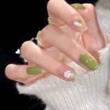 Zjkrl - 24Pcs/Set Press On Fake Nails Green Wearing Reusable False Nails Art Girls Ballerina Coffin Nail With Glue Full Cover Artificial