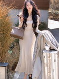 Zjkrl - Autumn New Women Midi Drawstring Dress Winter Casual Slim Fashion Elegant Party Boydcon Female Clothing