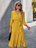 Zjkrl Autumn Winter Dot Bandage Dress Women Casual Ruffles V Neck High Waist Slim Print Long Dress New Fashion