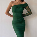 Sexy Diagonal Collar Wrap Mesh Long Dresses Women One Shoulder Sleeve Waist Solid Party Dress Autumn Dignified Bridesmaid Dress