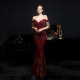 Zjkrl Women Elegant Off Shoulder Luxury Evening Dress Sexy  Sequin Mermaid Dress Spaghetti Straps Silver Beading Long Party Dress New