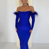 Zjkrl Party Dresses For Women Outfits Elegant Off-shoulder Feather Sleeve Maxi Dress Women New Strapless Backless Bodycon Long Dress Vestido