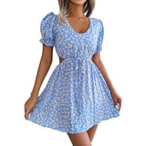 Zjkrl - 2023 New Casual Short Sleeve Square Neck Lace-up Dress Retro Women Floral Printed Mini Dress Ladies Fashion Slim Office Dresses