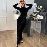 Long Sleeve Elegant Black Velvet Bodycon Maxi Dress For Women Ruched Party Evening Long Dresses 2023 Spring Female Clothes