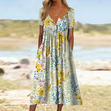 Vintage A Line Dress Women Fashion Short Sleeve Floral Print Sundress Button V Neck Pocket Party Dresses Summer Vestidos