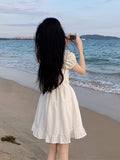 Zjkrl - Korean Design Sweet Lace Mini Dress Female Causal Beach Style Pure Color Dress Elegant Office Lady Ruffles Dress 2023 Summer